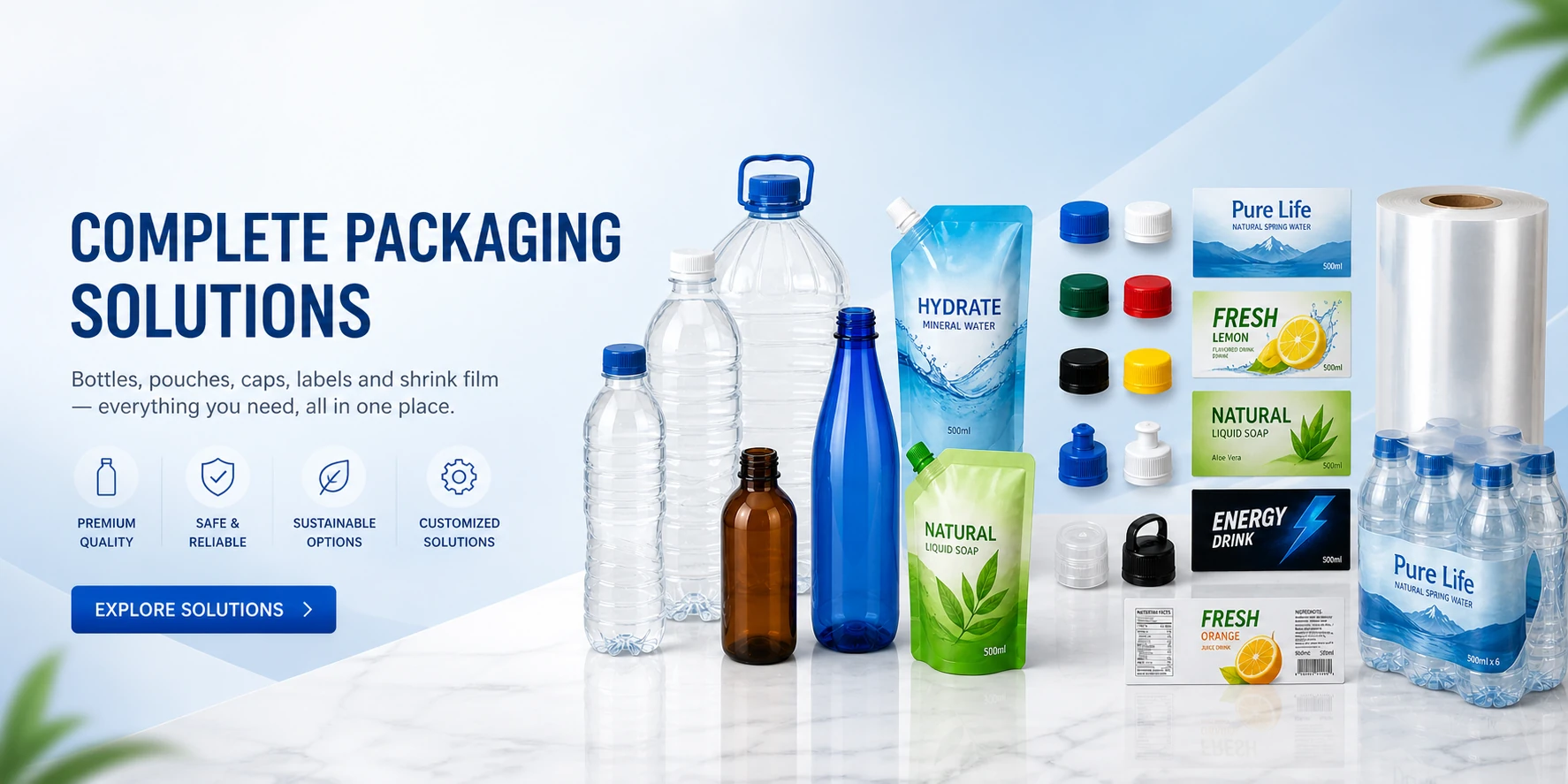 Complete packaging solutions: bottles, pouches, caps, labels and shrink film
